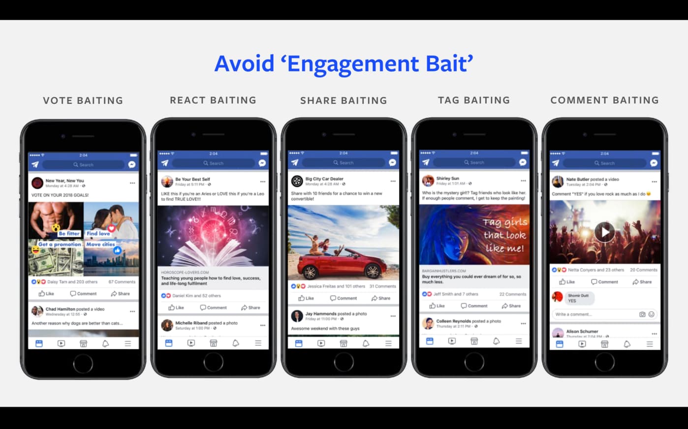Facebook engagement bait examples: vote baiting, react baiting, share baiting, tag baiting, and comment baiting