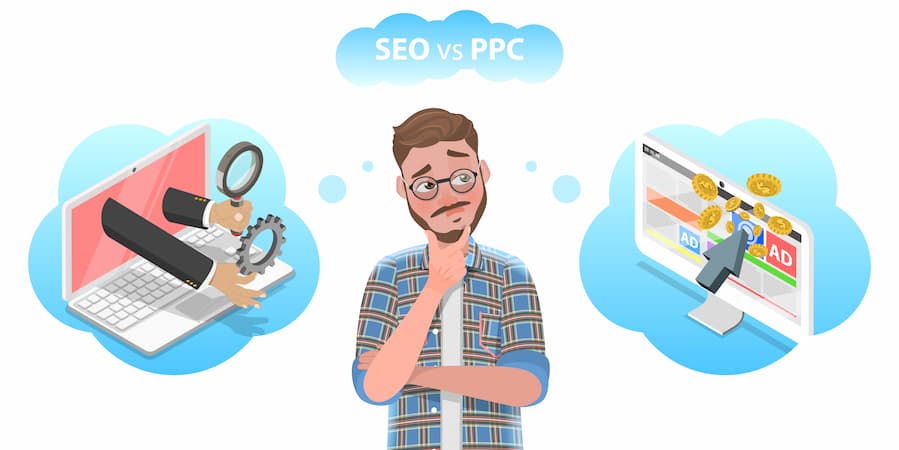 a bearded guy looks confused between seo and ppc