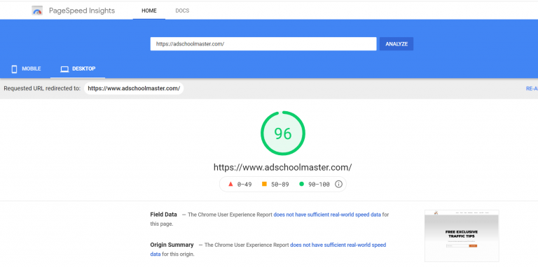 page speed result for desktop
