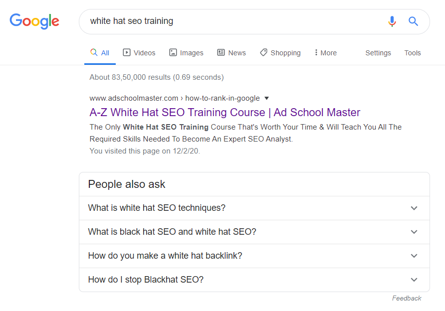 Google search results on the keyword 'white hat seo training' shows ad school master on first position