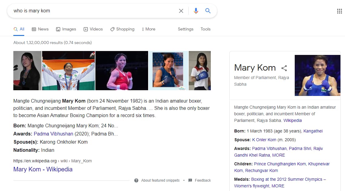google serp results showing knowledge graph for the query "who is Mary Kom"