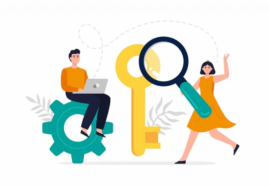 A guy working on a laptop and girl is using magnifying glass