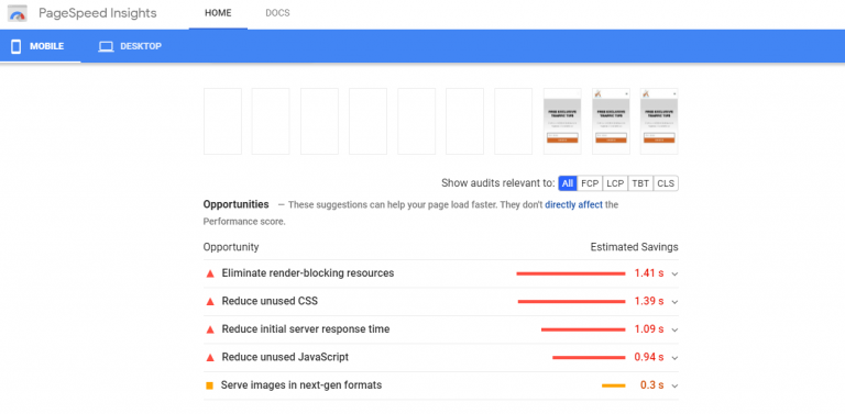 Google PageSpeed Insights tool suggestions