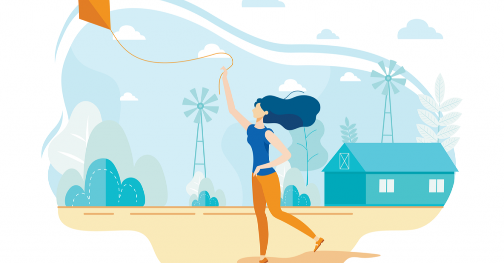 Young Modern Flat Woman Running Flying Kite in Sky