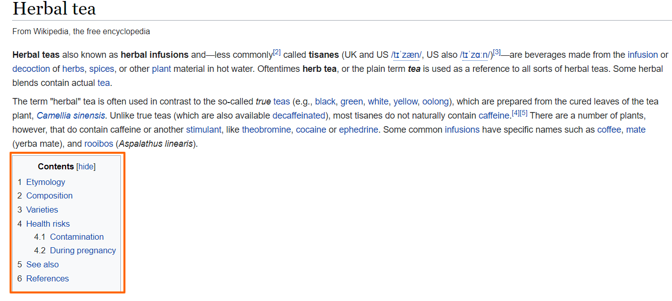 table of contents on Wikipedia